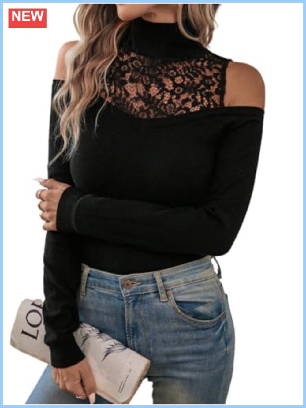 Slim Fit Cold Shoulder Turtleneck Knit Pullover Sweater Lace Detail